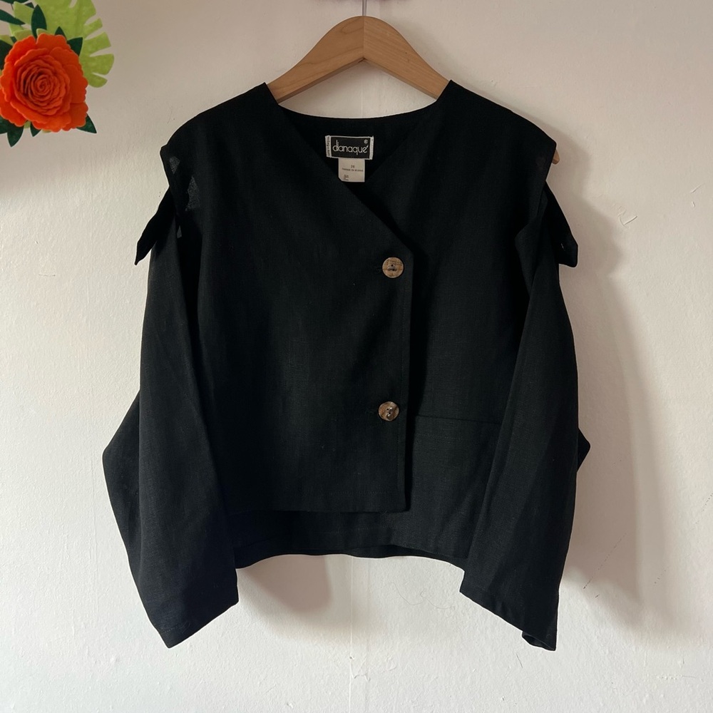 VTG 80s MINT Danaqué Black Linen peekaboo Convertible Jacket Vest asymmetrical